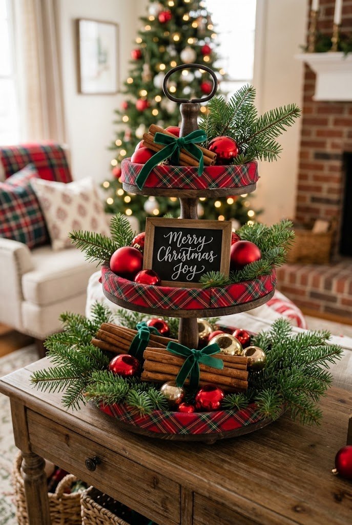 Tartan plaid lining and cinnamon bundles for farmhouse christmas tiered tray setups.