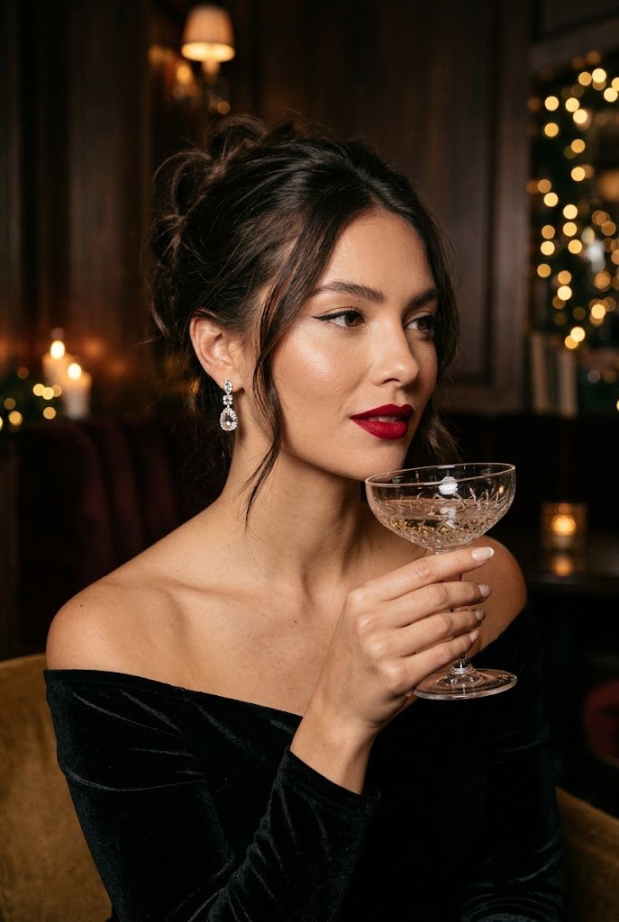 Classic velvet ruby lip with winged eyeliner for classy christmas makeup ideas.
