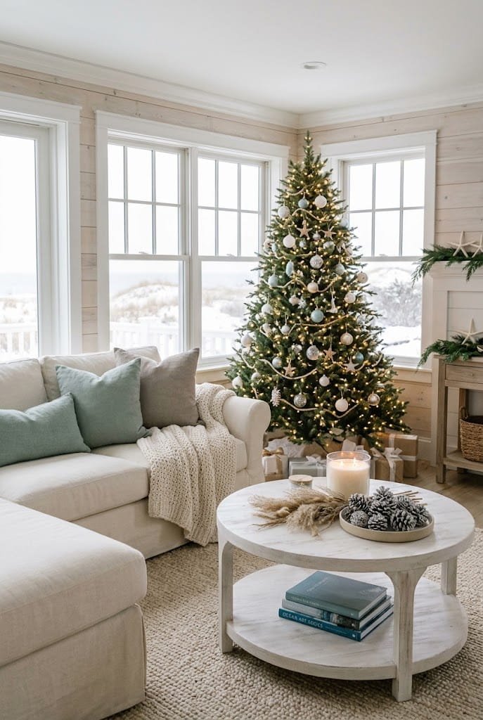 Coastal Christmas living room with white slipcovered sofa and sea glass tree for aesthetic christmas living room.