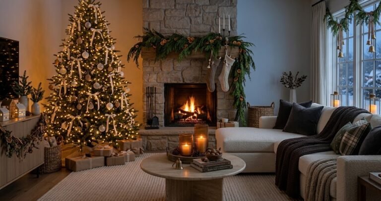 Warm and cozy christmas living room decor featuring a glowing tree, stone fireplace, and styled sectional sofa.