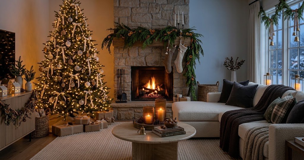 Warm and cozy christmas living room decor featuring a glowing tree, stone fireplace, and styled sectional sofa.