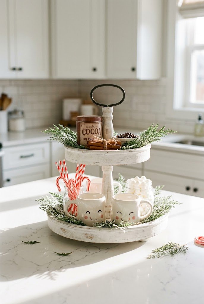 Cozy hot cocoa station with marshmallow mugs for hot cocoa tiered tray ideas.