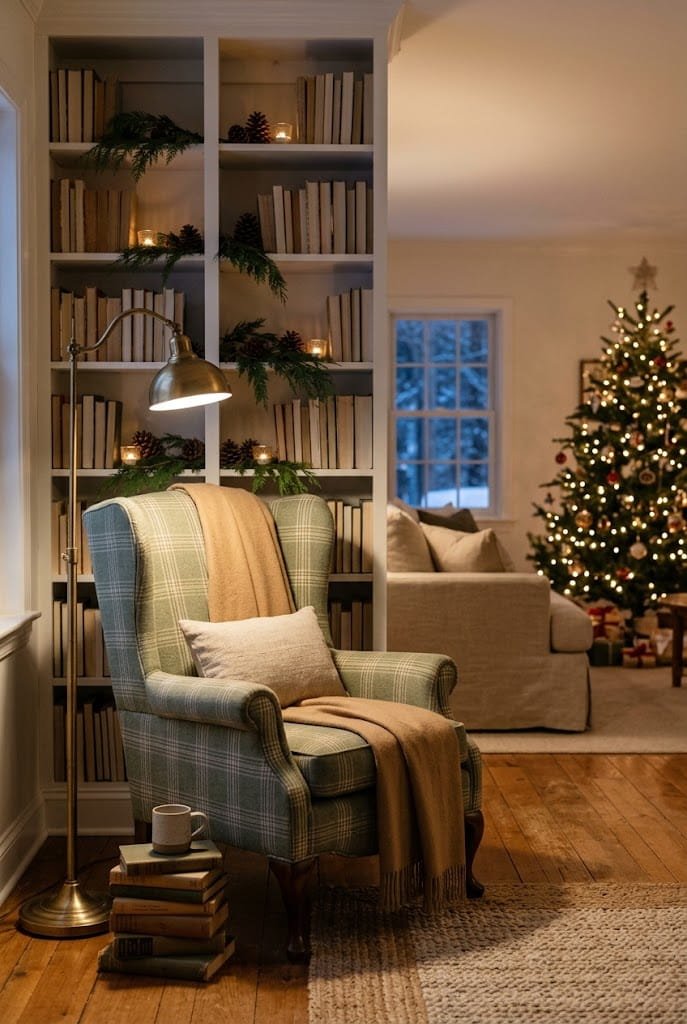 Plaid wingback armchair and lit built-in bookshelves for warm christmas living room aesthetic.