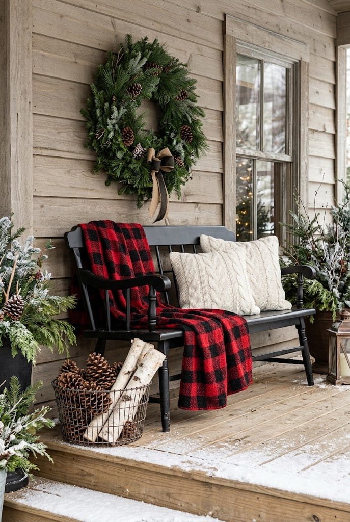 Black wooden porch bench styled with plaid blanket and wreath for rustic christmas porch decor.