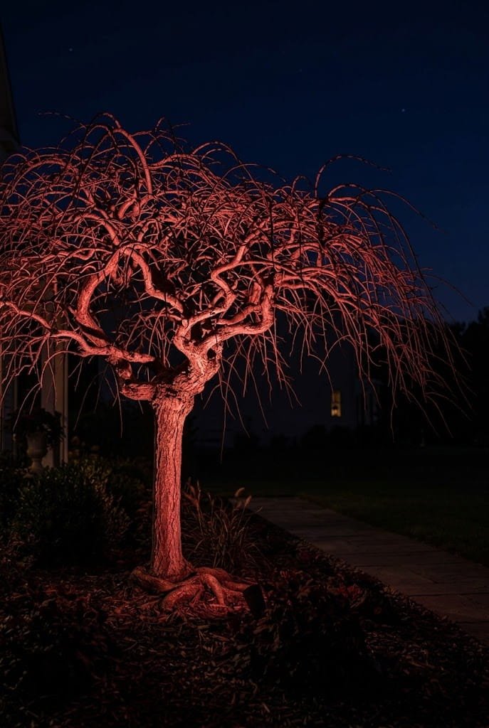 Crimson landscape uplighting on mature yard tree for cheap halloween yard decorations.