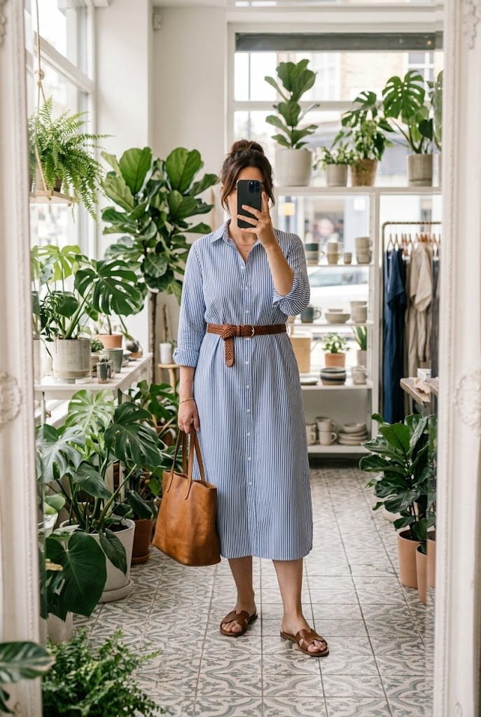 Cotton poplin shirt dress with high tie belt for classic apron belly dress styles.
