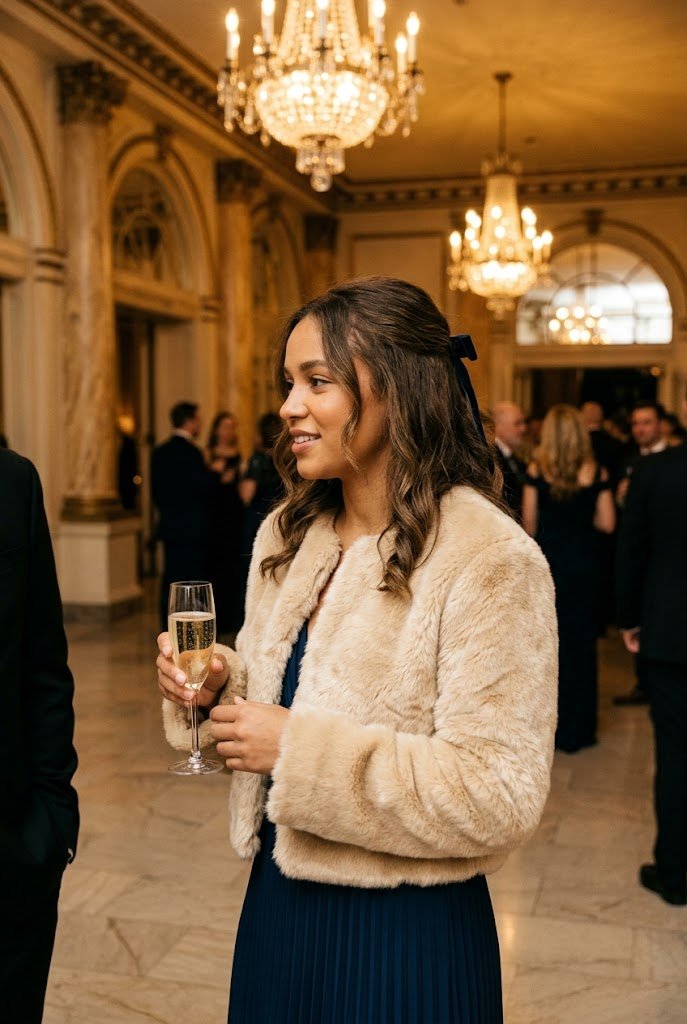 Cropped champagne faux fur jacket worn over pleated dress for winter wedding guest outerwear ideas.