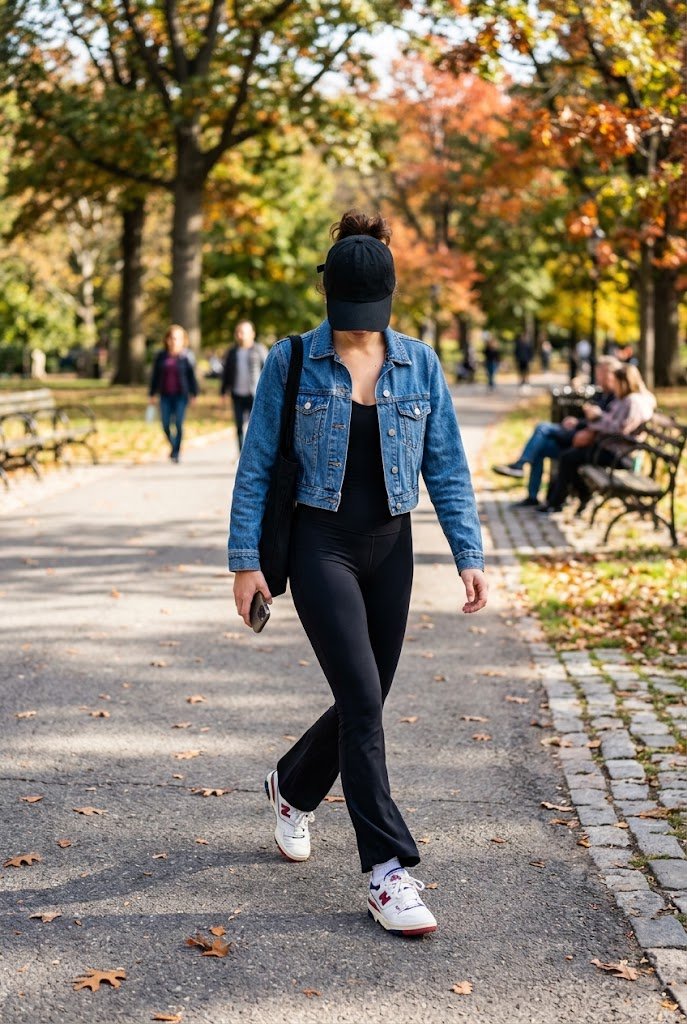 Cropped denim jacket styled with black flare leggings for casual flare leggings outfit ideas.