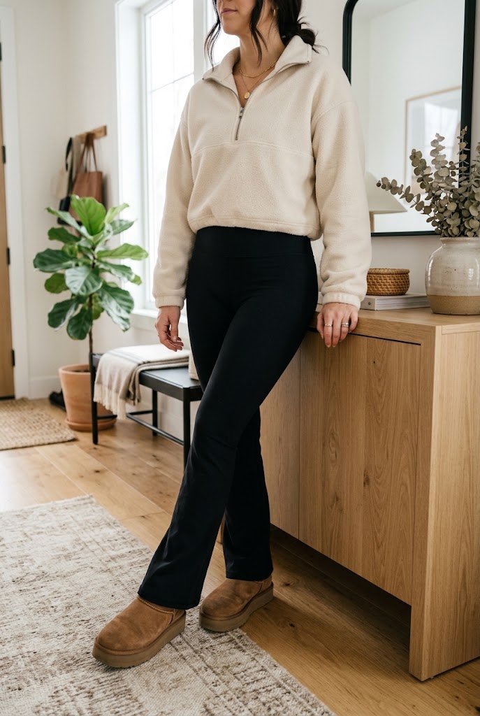 Cropped fleece half-zip sweater paired with black flare leggings and platform boots for casual outfits.