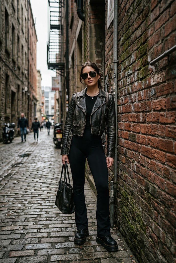 Cropped leather moto jacket paired with black flare leggings for edgy black flare leggings outfit ideas.