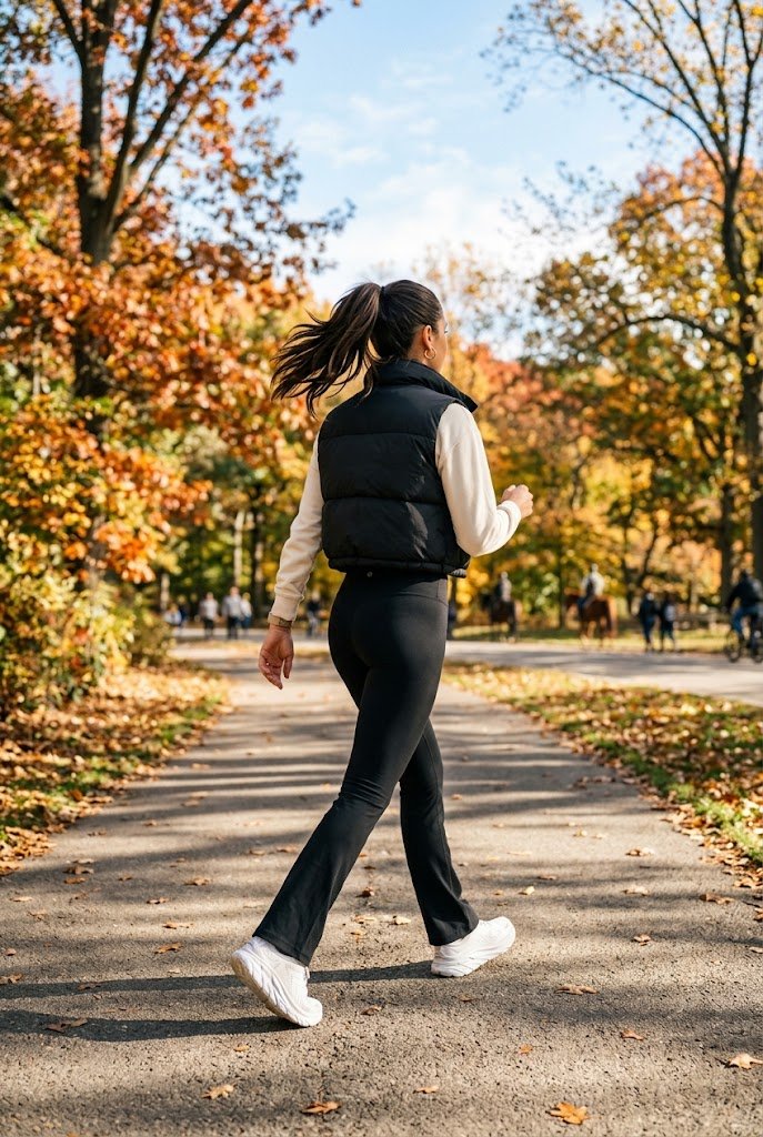 Cropped puffer vest layered over seamless top with black flare leggings for what to wear with flared leggings in winter.