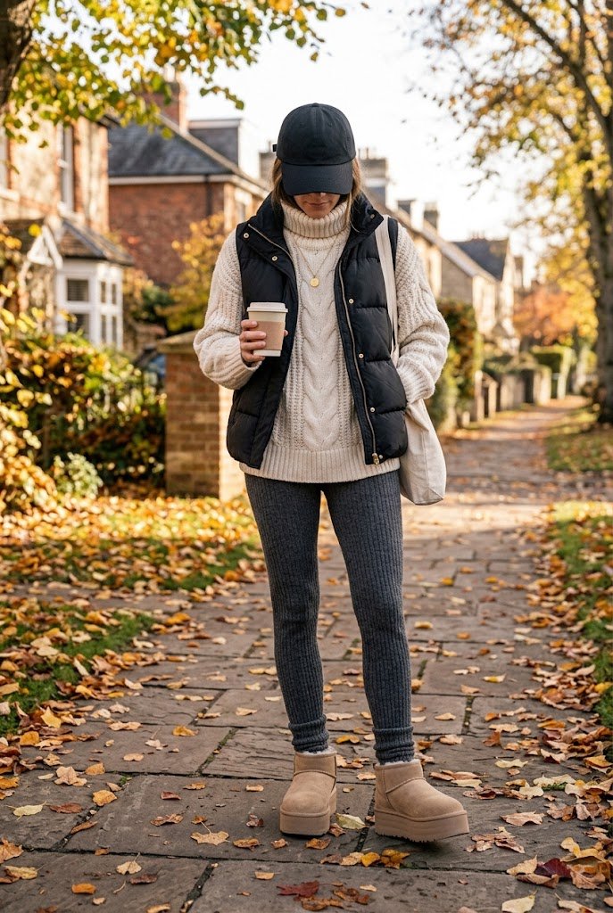 Cropped down puffer vest over chunky knit turtleneck with platform UGG boots for casual winter outfits with uggs.