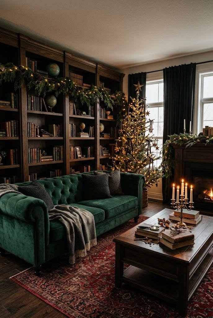 Complete dark academia living room with green velvet sofa, bookshelves, and lit tree for warm christmas living room aesthetic.