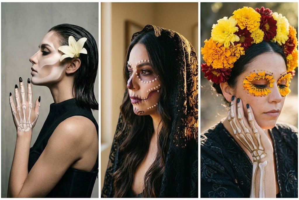 Editorial triptych collage of aesthetic day of the dead makeup ideas with flower crowns and styled hands.