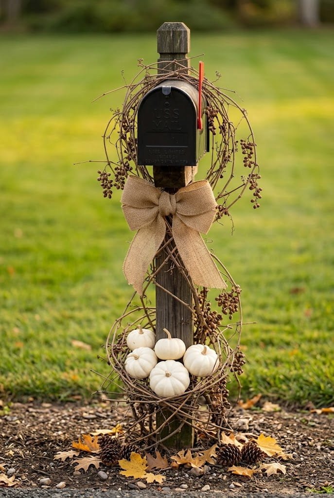 Curbside mailbox decorated with grapevine and mini pumpkins for cute outdoor halloween decorations.