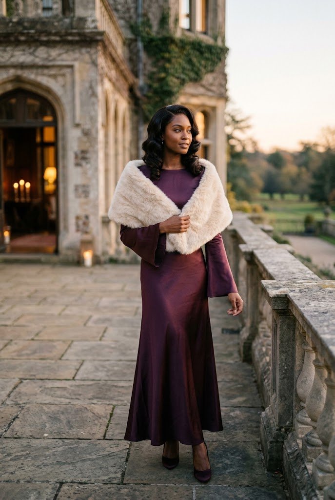 Deep plum satin winter wedding guest dress with flared bell sleeves and Hollywood wave hairstyle.