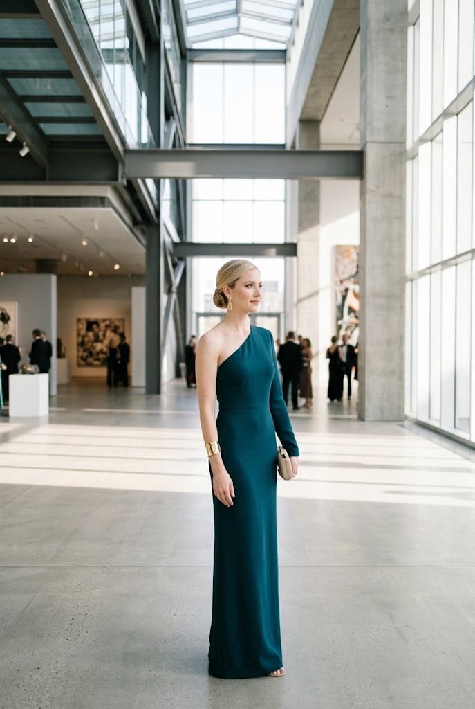 Deep teal silk-crepe asymmetrical single-sleeve gown for chic winter wedding guest outfits.