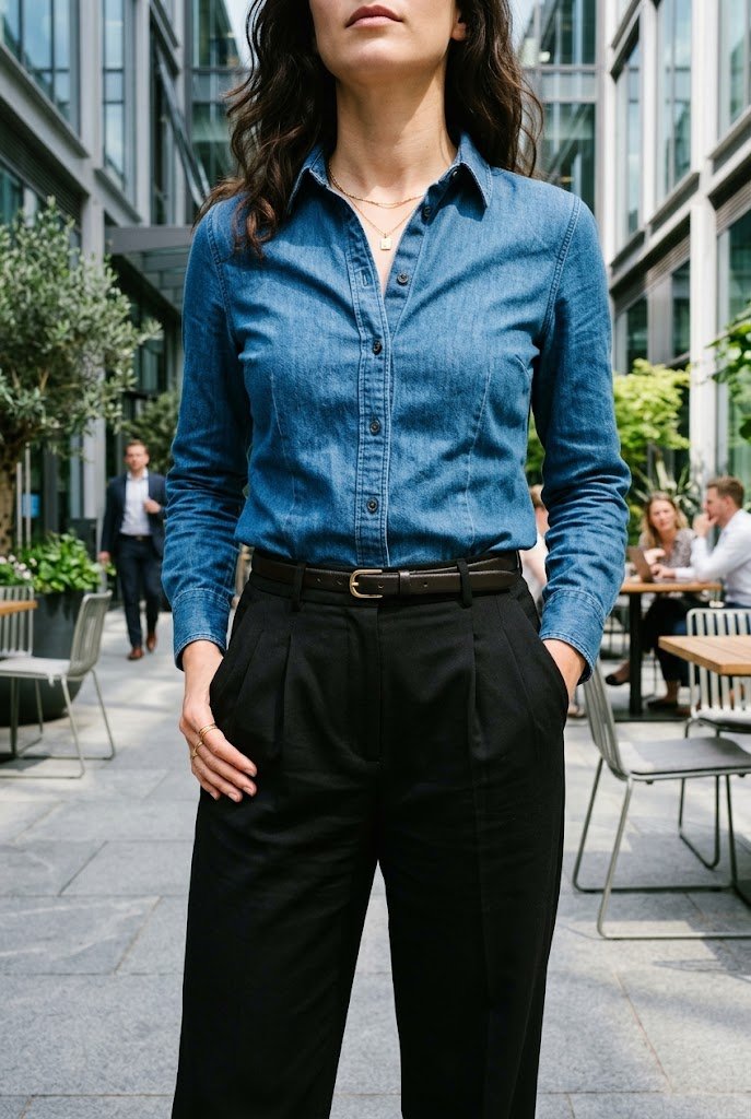 denim-shirt-tailored-black-trousers-office