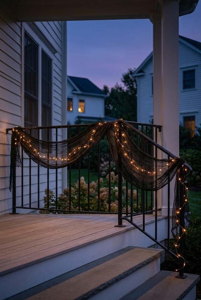 Weathered black cheesecloth draped on porch railings for easy outdoor halloween decor ideas.
