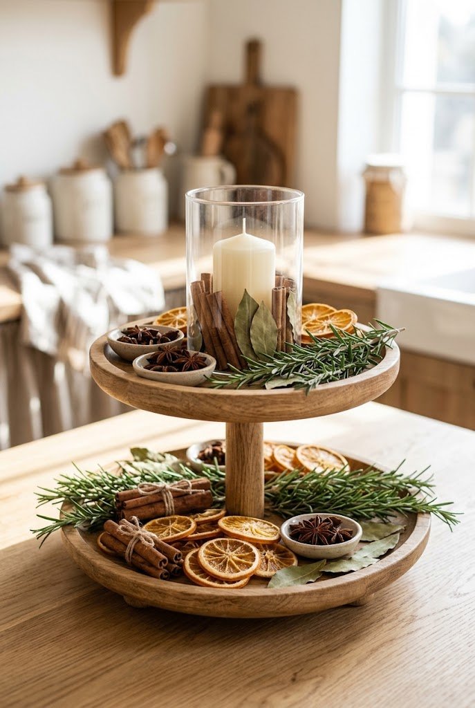 Dried orange slices and star anise for rustic christmas tiered tray decor.