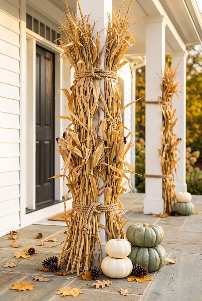 Dried cornstalk bundles tied to porch columns for halloween front porch decor.
