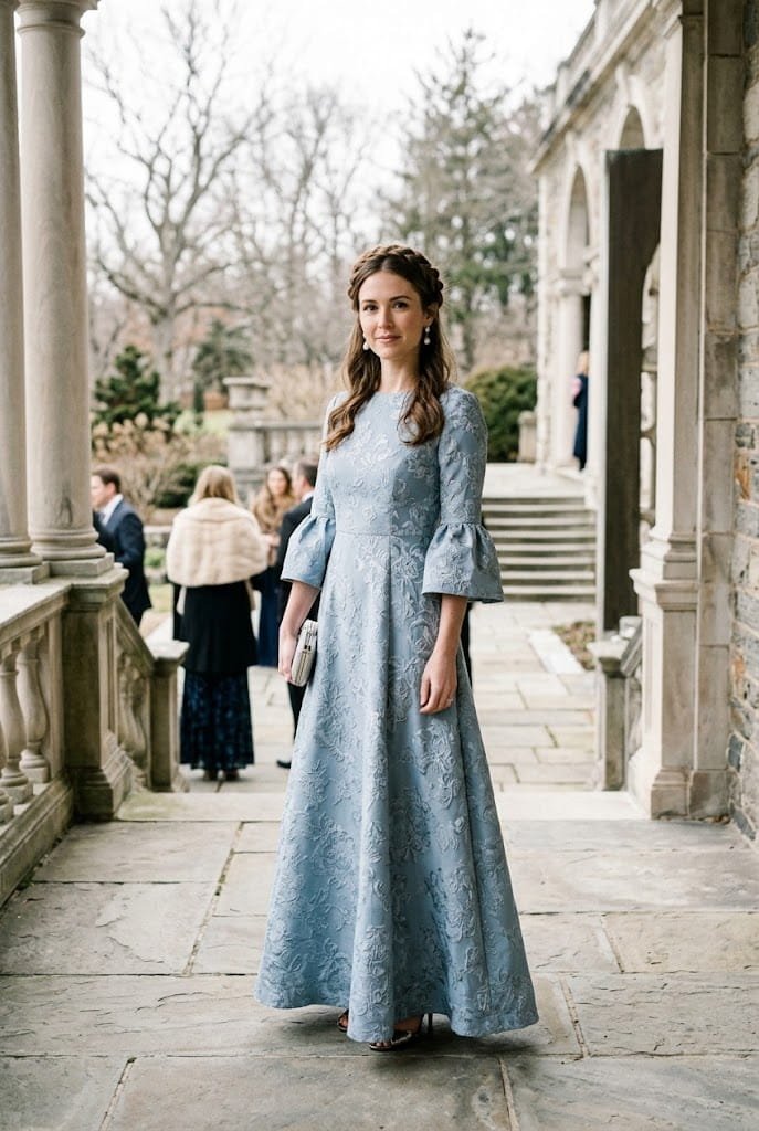 Dusty blue floral jacquard gown with bell sleeves for winter wedding guest dresses with sleeves.