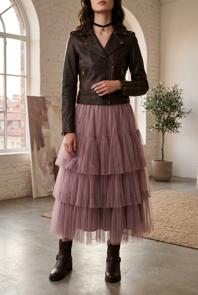 Dusty mauve tulle midi skirt styled with a cropped brown leather jacket for spooky halloween outfits.