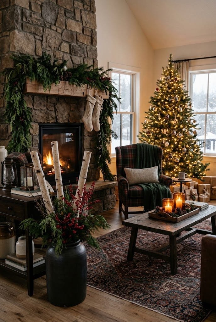 Complete living room with floor urn of birch branches, plaid armchair, and tree for rustic christmas living room decor.