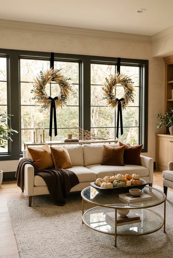 Symmetrical wheat window wreaths and amber velvet couch for living room halloween decor ideas.