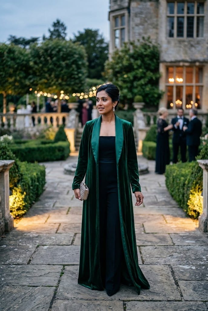 Emerald velvet duster coat with satin lapels for outerwear for winter wedding guest options.