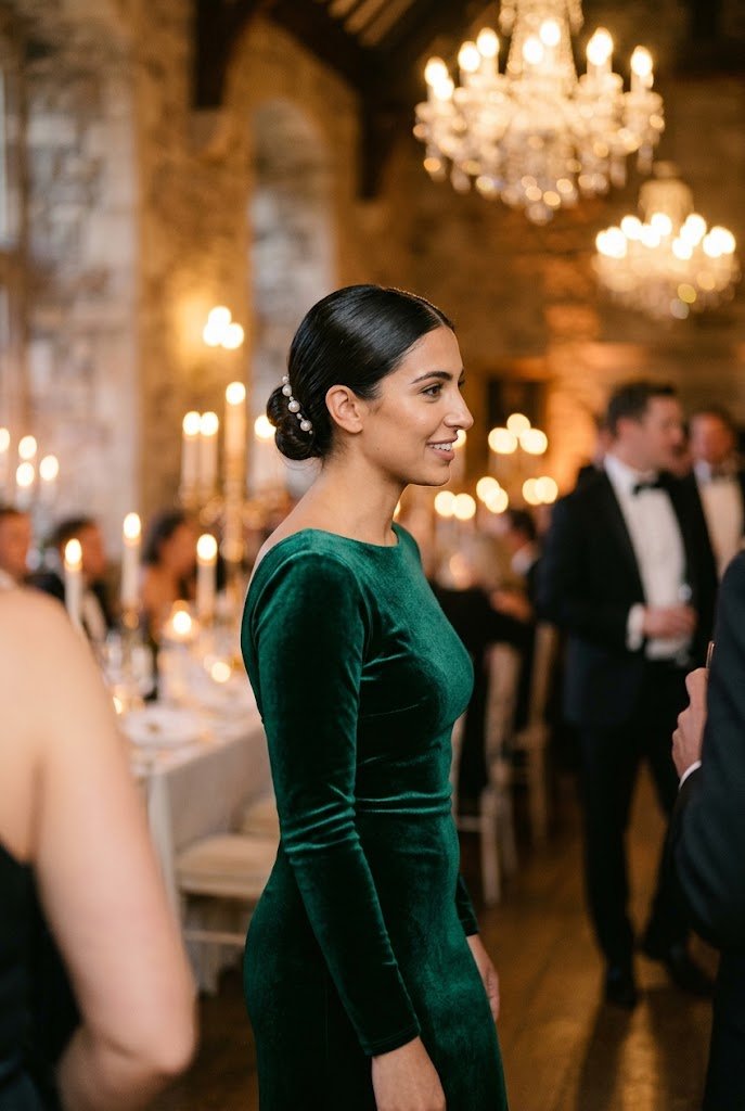 Emerald green velvet winter wedding guest dress with long fitted sleeves and low chignon hairstyle.