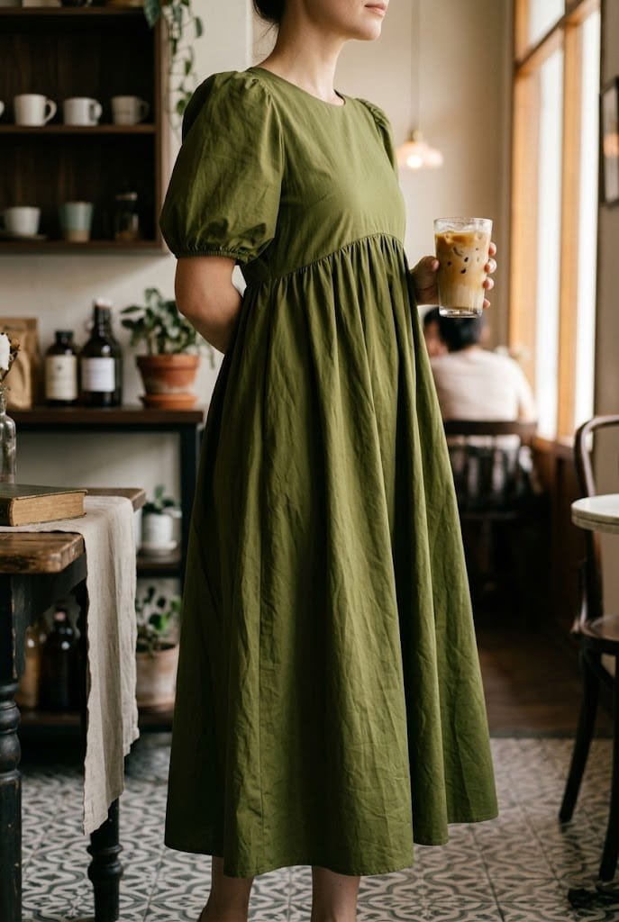 Empire seam poplin midi dress floating over waistline for apron belly dress styles.