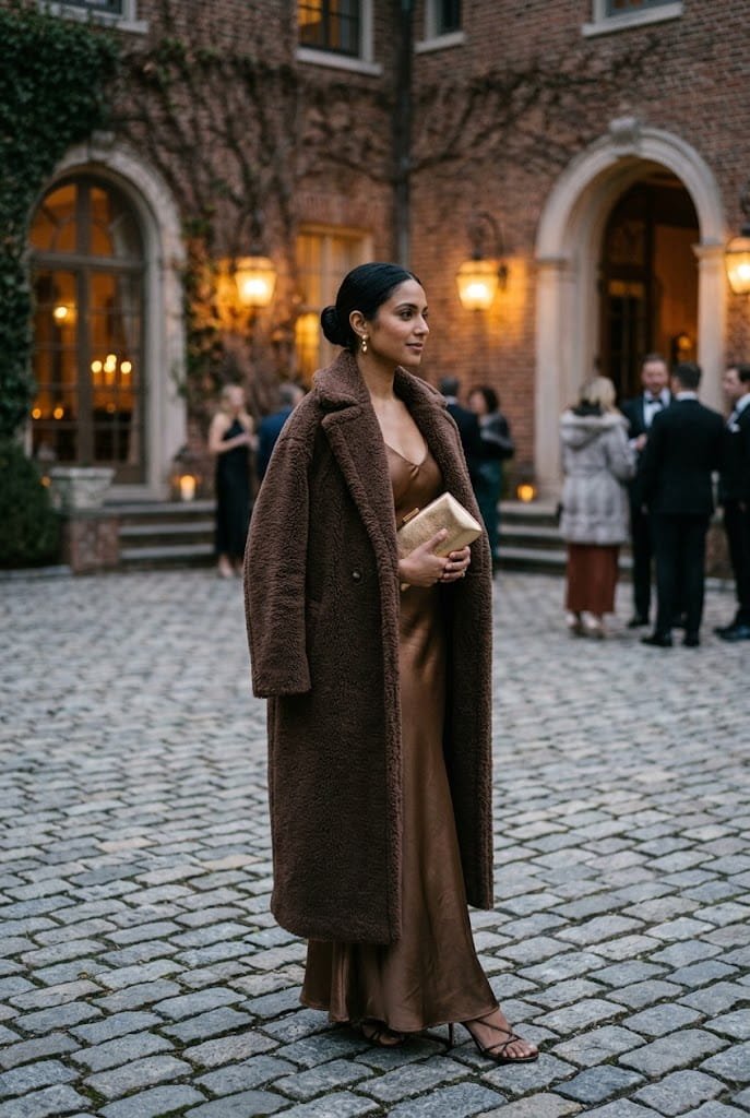 Espresso brown plush teddy coat worn as outerwear for winter wedding guest styling.