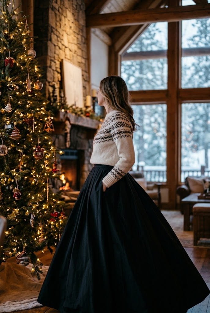 Fair Isle cashmere sweater with black taffeta ball skirt for classy christmas party outfits.