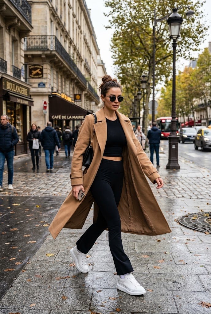 Fluid camel trench coat layered over all-black flare leggings for black flare leggings outfit ideas.