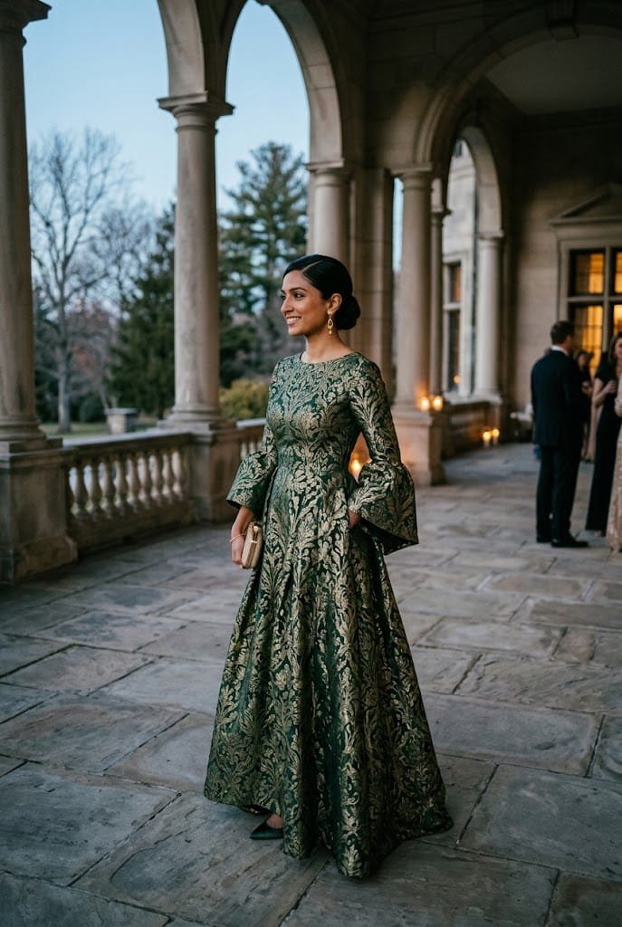Forest green brocade column gown with bell sleeves for chic winter wedding guest outfits.