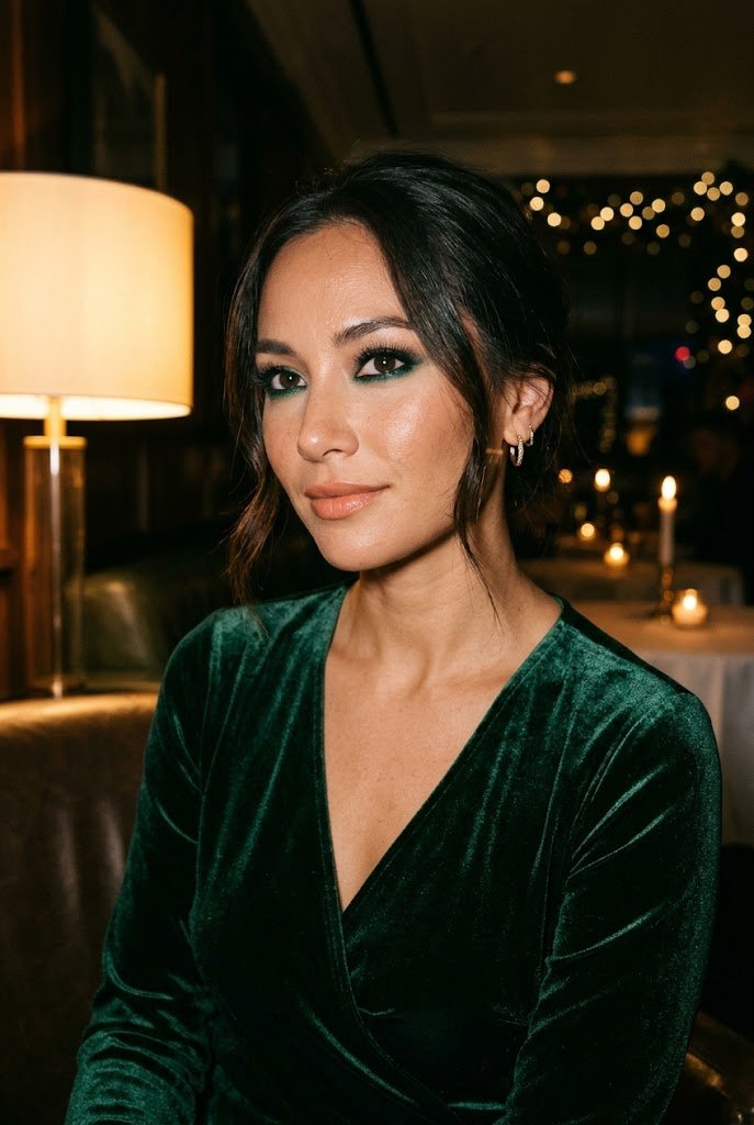 Forest green lower lashline eyeliner with nude lips for christmas party eye makeup.