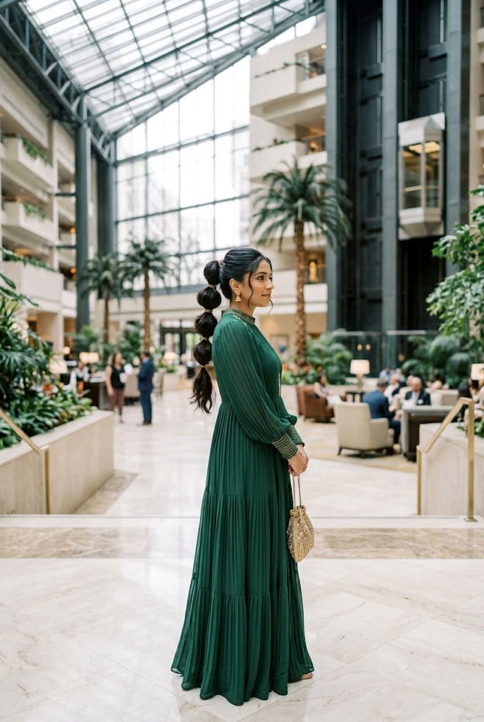 Forest green pleated georgette winter wedding guest dress with smocked sleeves and bubble ponytail.
