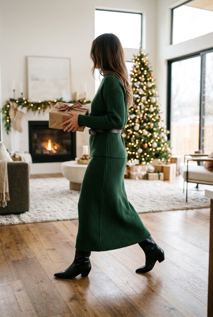 Monochromatic forest green knit sweater and skirt set for casual christmas party outfit ideas.