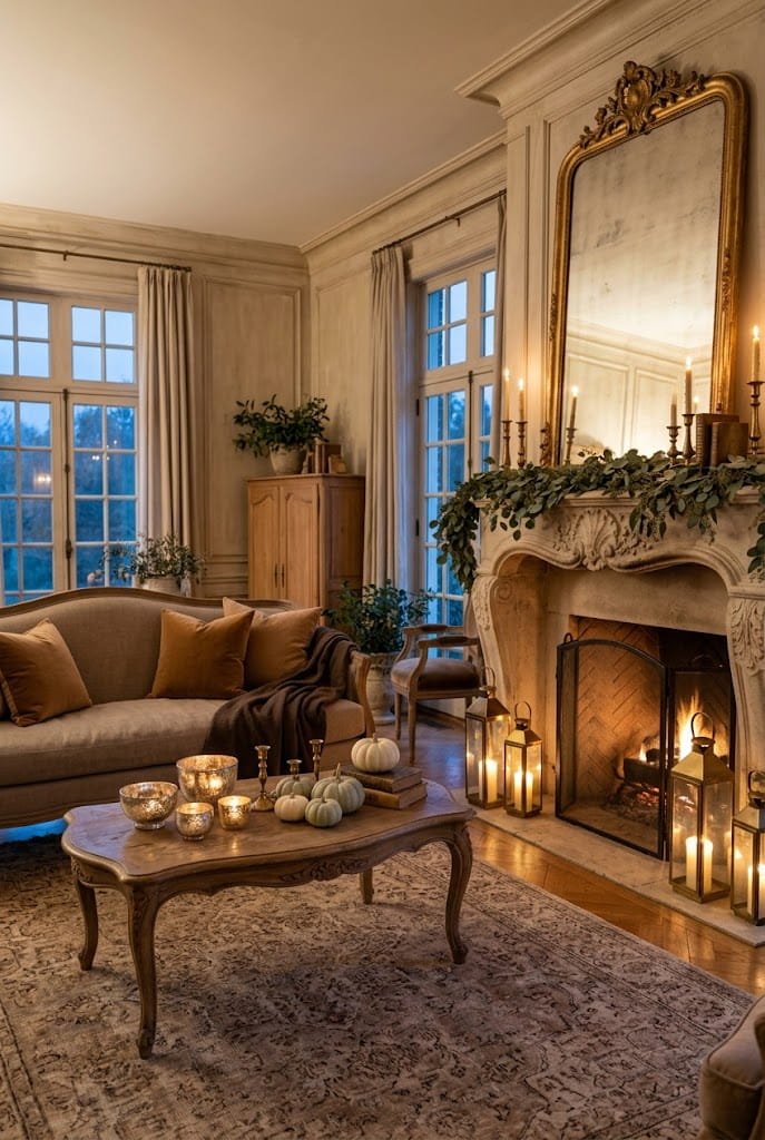 French country living room with carved limestone fireplace and gold mirror for classy living room halloween decor on a budget.