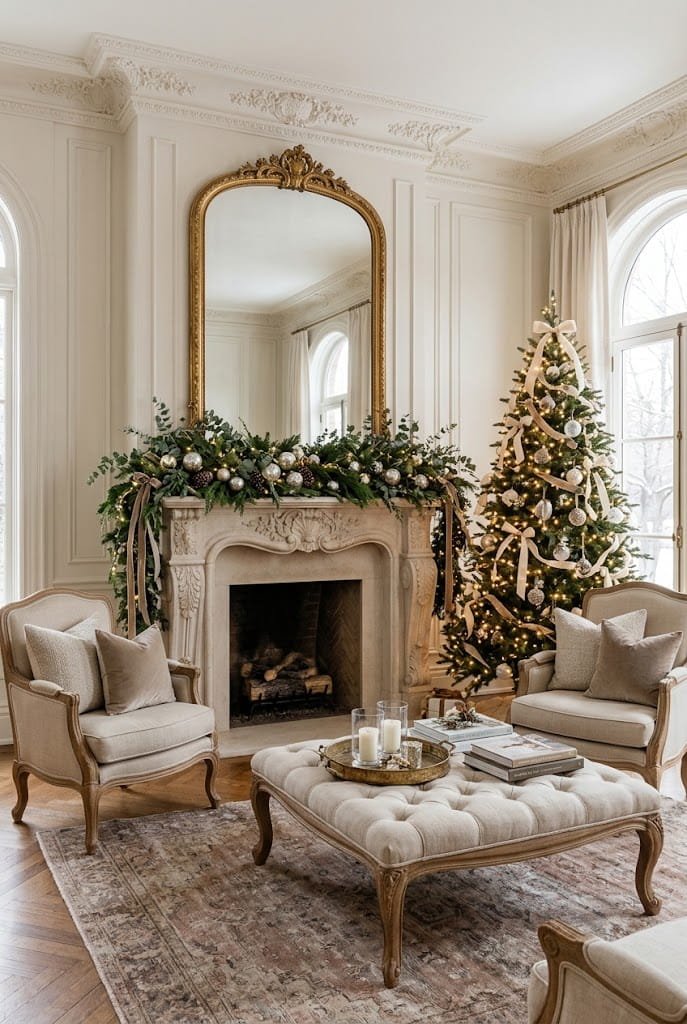 Grand French country living room with carved fireplace, gold mirror, and Christmas tree for aesthetic christmas living room.