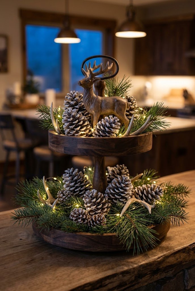 Frosted pinecones and resin antlers for rustic christmas tiered tray decor.