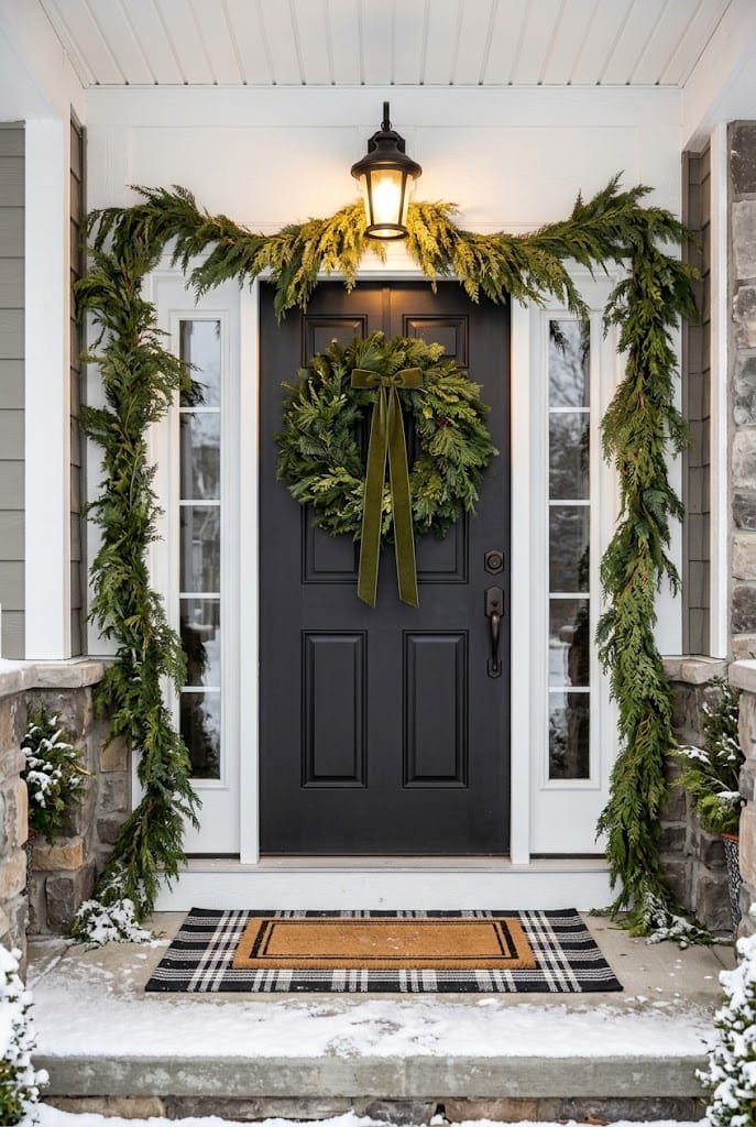 Full-arch fresh cedar garland and wreath with olive velvet bow for front  christmas porch decor ideas.