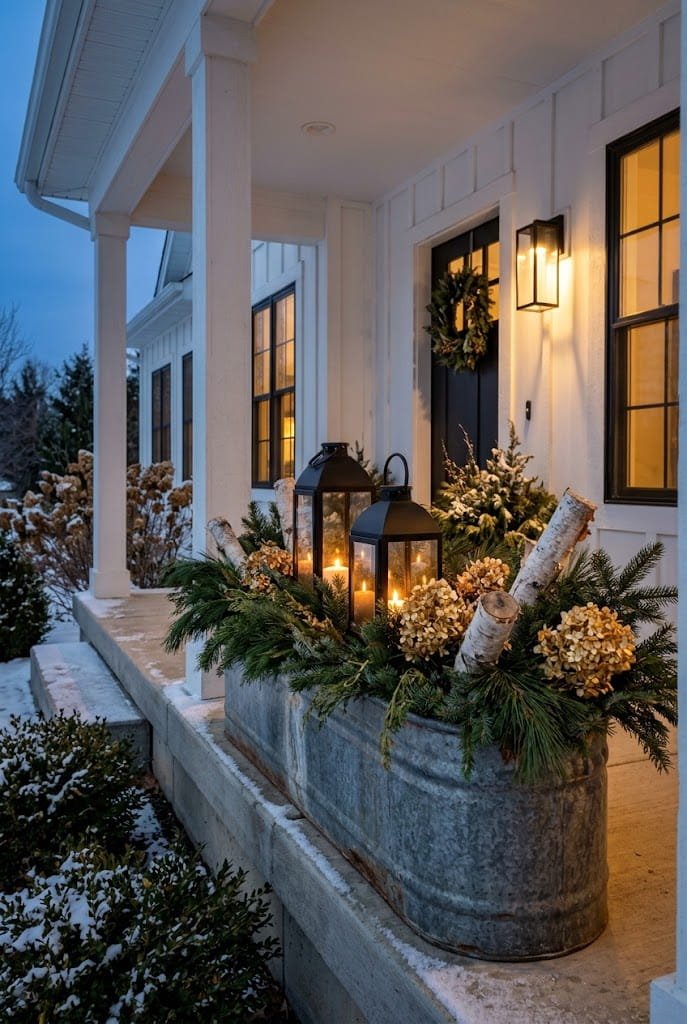 Galvanized steel trough planter with evergreens and candle lanterns for diy outdoor christmas planters.