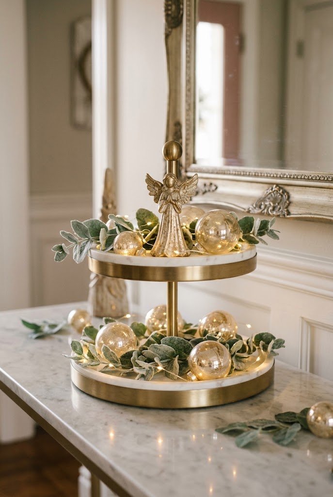 Brushed gold and marble tiered tray with angel figurine for christmas tiered tray decor ideas.