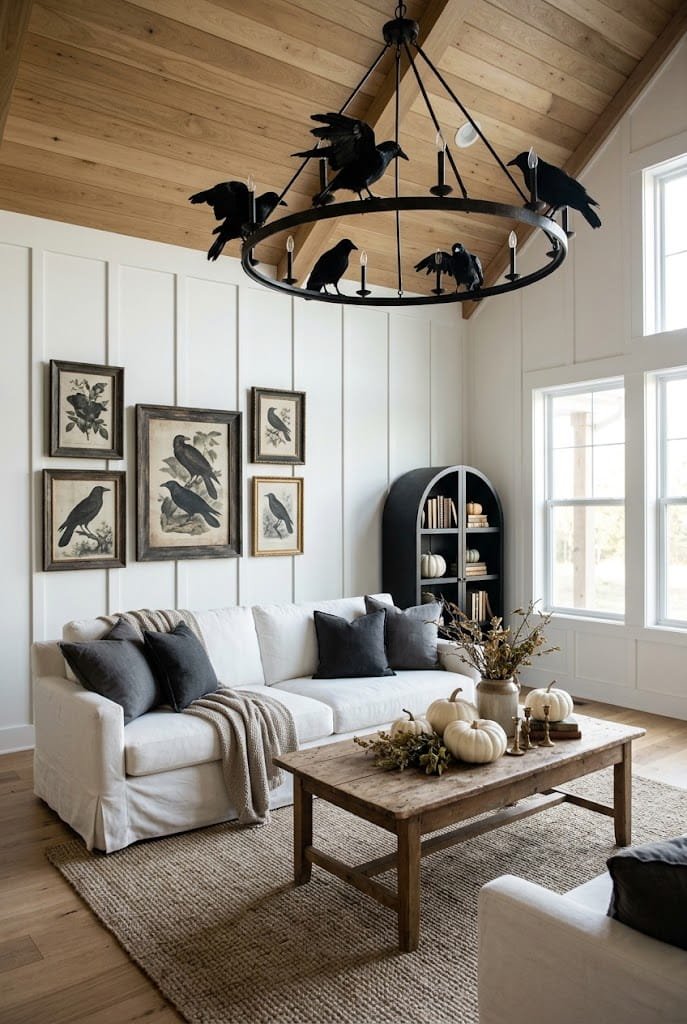 Gothic farmhouse living room with black crows on chandelier and rustic wood coffee table for aesthetic halloween living room decor.