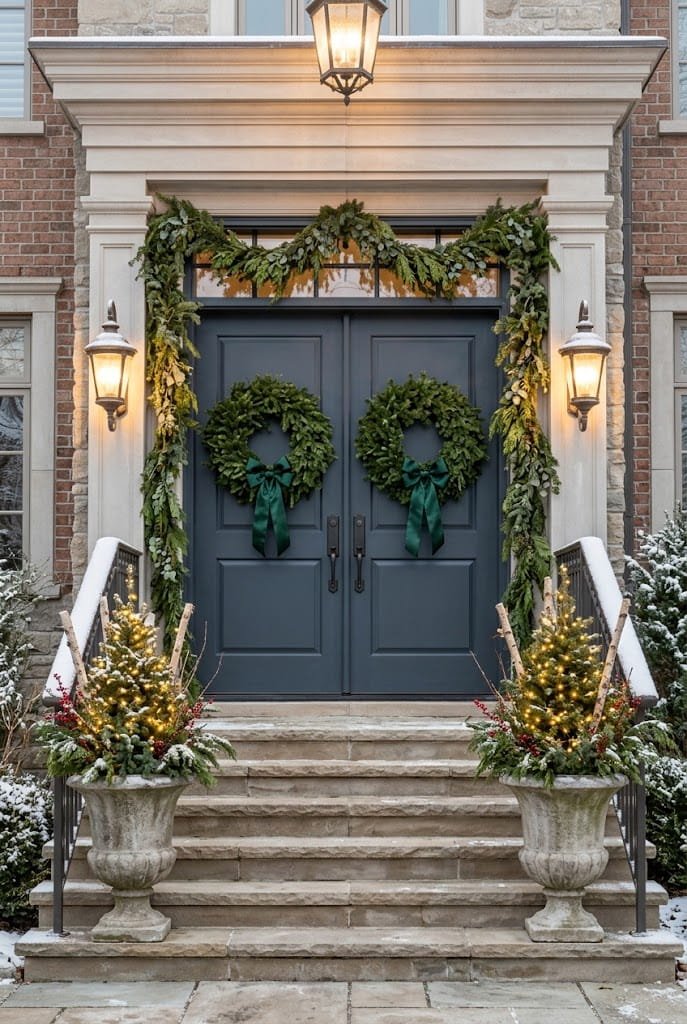 Grand double front doors with twin wreaths and continuous garland for christmas porch decor ideas.