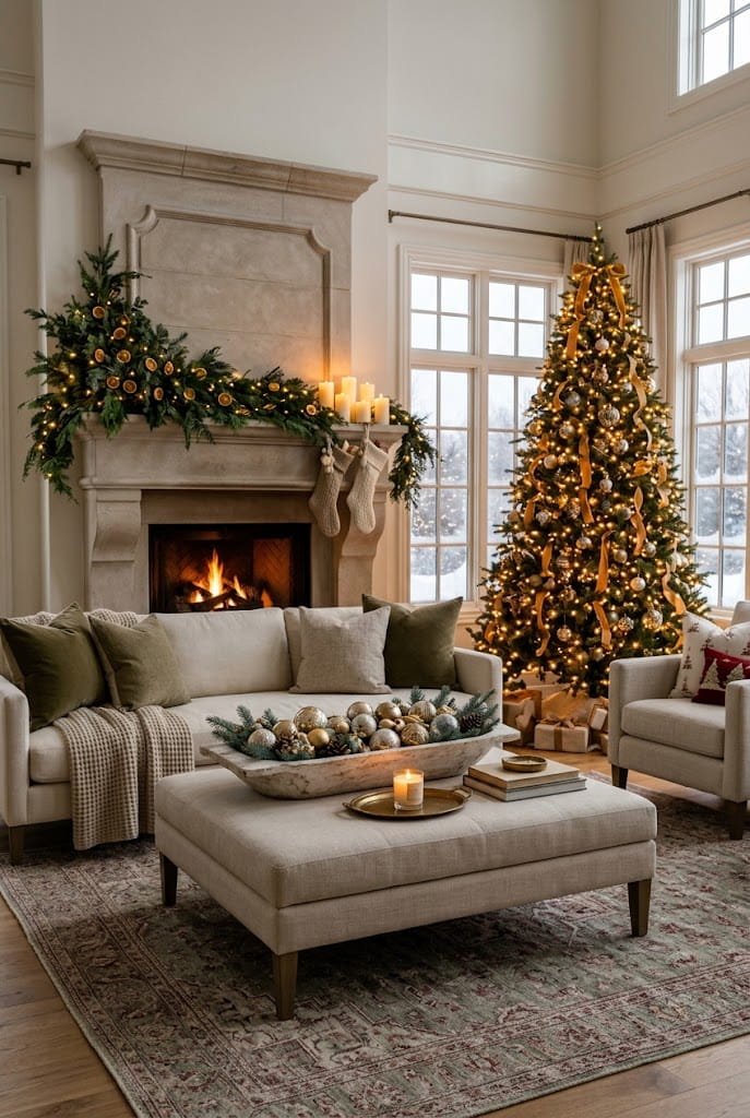 Complete grand Christmas living room with stone fireplace, lit tree, and dough bowl center table.