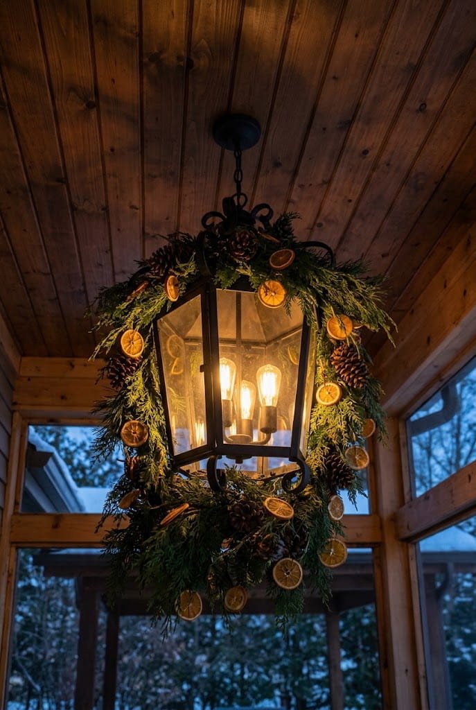 Hanging porch chandelier wrapped in cedar garland and Edison bulbs for rustic christmas porch decor.