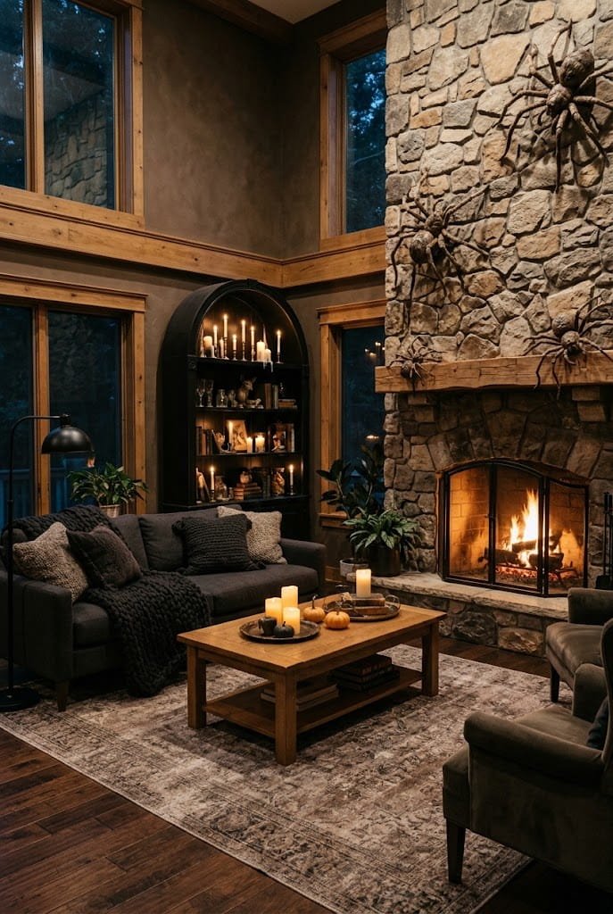 Stone fireplace with crawling spiders and arched display cabinet for aesthetic halloween living room decor.